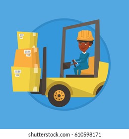 Warehouse worker loading cardboard boxes. Forklift driver at work in warehouse. Warehouse worker in hard hat driving forklift. Vector flat design illustration in the circle isolated on background.