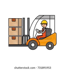 warehouse worker loading cardboard boxes forklift driver at work