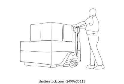 Carga de trabajadores de almacén, apilamiento de mercancías con elevadores de mano eléctricos y carretilla elevadora. Industrial Logística y Merchandising. Ilustración vectorial plana Line Art