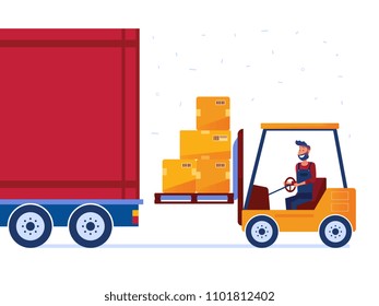 Warehouse worker is loading truck with modern forklift. Man with innovative machines as a concept of hi-tech warehouse and logistics technology. Vector flat design illustration on white background.