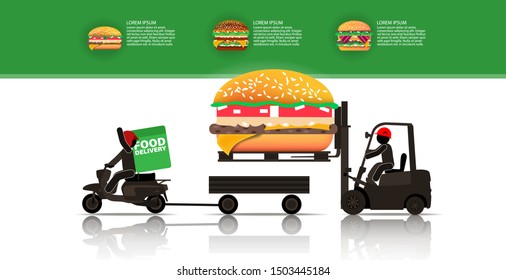 Warehouse worker loads a huge Burger with a forklift. Vector illustration, for web page, banner, presentation, poster.