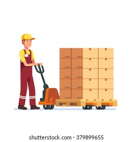 Warehouse worker man towing hand fork lifter with boxes on pallet. Modern flat style vector illustration isolated on white background.