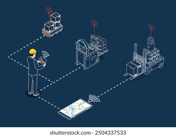 Der Lagerarbeiter verwaltet automatisierte Führungsfahrzeuge (AGVs) und autonome mobile Roboter (AMRs) innerhalb der Lagereinrichtung mit einem Tablet-Gerät. isometrische Vektorgrafik eps10