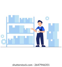 Um trabalhador de depósito gerencia o inventário organizado com prateleiras e caixas, demonstrando produtividade, controle de logística e operações modernas de depósito.