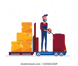 Warehouse worker moving boxes with electric forklift truck. Man with innovative machines as a concept of modern warehouse and logistics technology. Vector flat design illustration on white background.