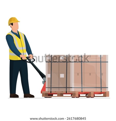 Warehouse worker moving boxes using a pallet jack, isolated