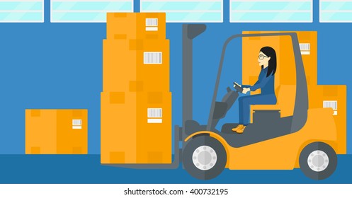 Warehouse worker moving load by forklift truck.