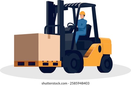 A warehouse worker operates a forklift, transporting a large package on a pallet. Wearing safety gear, he ensures efficient and safe material handling. This industrial vehicle plays a crucial role in 