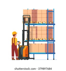 Warehouse worker operating electric fork lifter, loading stacked boxes on a metal rack. Modern flat style vector illustration isolated on white background.