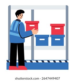 Warehouse worker organizing packages, flat style icon