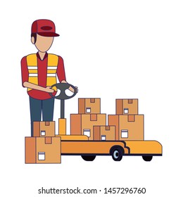 Warehouse worker pushing boxes on handtruck vector illustration