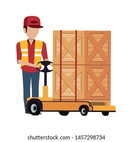 Warehouse worker pushing boxes on handtruck vector illustration