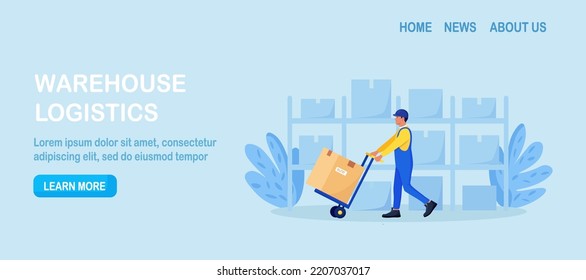Warehouse worker pushing hand cart with effort, man moving pushcart. Carrier carrying goods in cardboard boxes on dolly. Loader with cargo on trolley. Logistics and delivery service. Storage equipment