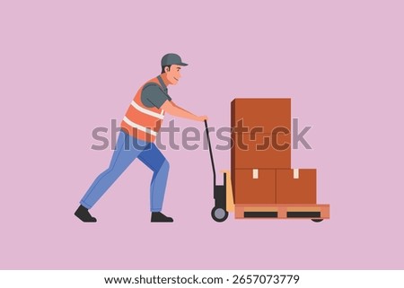 Warehouse worker pushing a hand pallet truck loaded with cardboard boxes, logistics staff wearing safety vest and cap handling cargo for shipment or storage, vector flat illustration