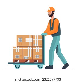 warehouse worker pushing a hand truck, warehouse worker with hand forklift truck, flat vector illustration.