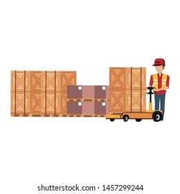 Warehouse worker pushing handtruck to boxes vector illustration