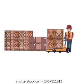 Warehouse worker pushing handtruck to boxes. vector illustration.
