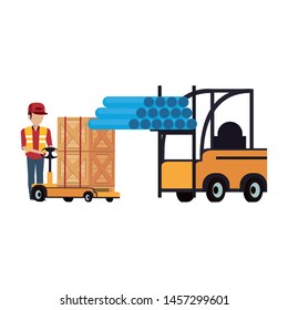 Warehouse worker pushing hnadtruck with boxes and forklift with pvc pipes vector illustration