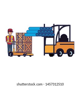 Warehouse worker pushing hnadtruck with boxes and forklift with pvc pipes. vector illustration.