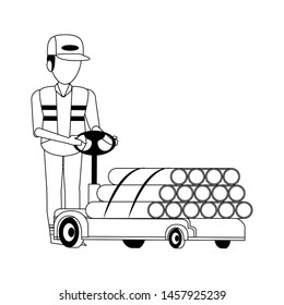 Warehouse worker pushing pvc pipes with handtruck vector illustration