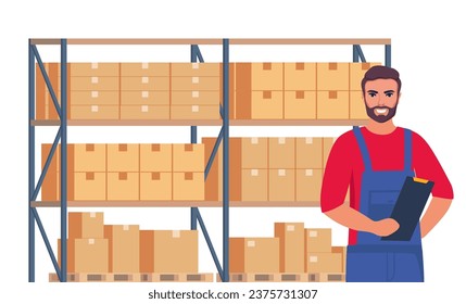 Warehouse worker and rack with cardboard boxes. Logistic Delivery Service Concept. Vector illustration