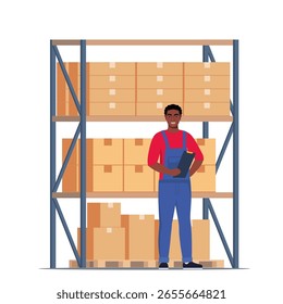 Lagerarbeiter und Regal mit Kartons. Logistic Delivery Service Concept Vektorgrafik