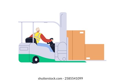 Warehouse worker in reflective vest, helmet works on forklift. Loader, handyman of logistic storage carries cardboard packages with lifter truck. Flat isolated vector illustration on white background