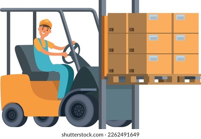 Warehouse worker riding forklift with cargo cardboard boxes