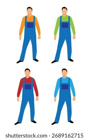 Trabajador de almacén en ropa de túnica aislada en diferentes Colores blancos. Personas y Arte vectorial de profesión de la industria