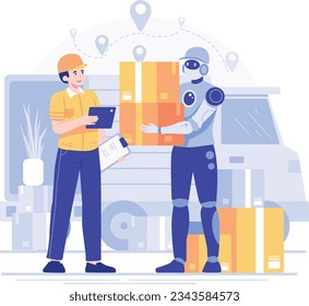 Warehouse worker with robot and delivery man. Delivery service concept style. Robots with e-commerce. For shipping, modern technology, artificial intelligence technology concept.