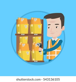 Warehouse worker scanning barcode. Warehouse worker checking barcode of boxes with scanner. Warehouse worker working with scanner. Vector flat design illustration in the circle isolated on background.