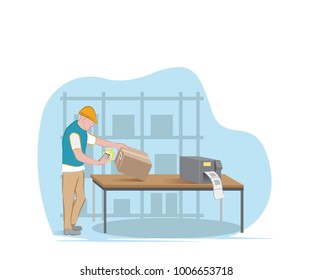 Warehouse worker scanning barcode on box. Warehouse worker checking barcode of box with a scanner. 