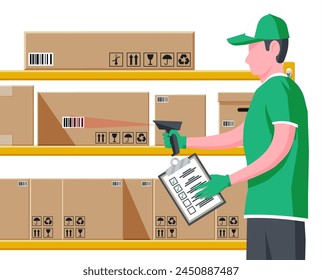 Warehouse worker scanning barcode on cardboard box. Checking bar code of container with scanner. Delivery, logistic and shipping cargo. Flat vector illustration