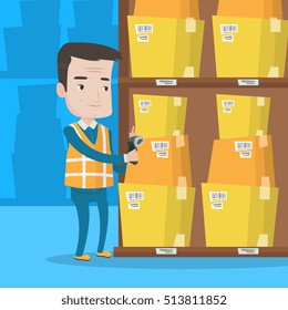 Warehouse worker scanning barcode on box. Warehouse worker checking barcode of boxes with a scanner. Caucasian warehouse worker working with a scanner. Vector flat design illustration. Square layout.