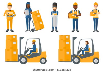 Warehouse worker scanning barcode on box. Warehouse worker checking barcode of box with a scanner. Warehouse worker in hard hat. Set of vector flat design illustrations isolated on white background.