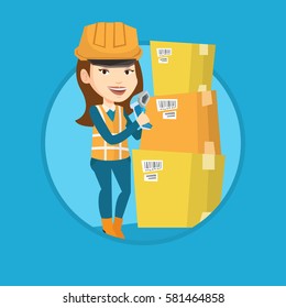 Warehouse worker scanning barcode on box. Warehouse worker checking barcode of box with a scanner. Warehouse worker with scanner. Vector flat design illustration in the circle isolated on background.