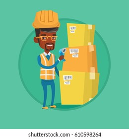 Lagerarbeiter scannen Barcode auf Feld. Lagerarbeiter überprüfen den Strichcode des Kastens mit einem Scanner. Lagerarbeiter mit Scanner. Vektorflache Design-Illustration im Kreis einzeln auf Hintergrund.