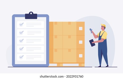 
Warehouse Worker Scanning Barcodes On Boxes. Inventory Inspection, Product Quantity, Product Classification. Vector Illustration