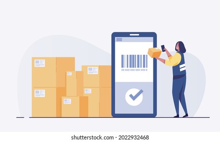 Warehouse Worker Scanning Barcodes On Boxes. Inventory Inspection, Product Quantity, Product Classification. Vector Illustration