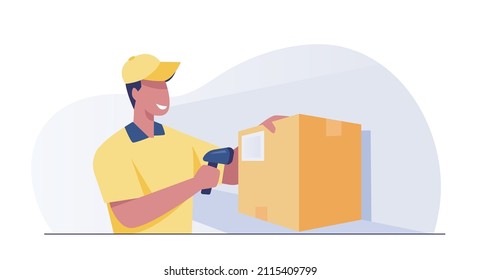 Warehouse Worker Scanning Barcodes On Boxes. vector illustration