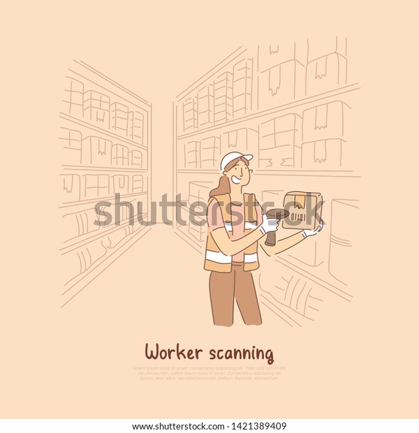 Warehouse Worker Scanning Goods Female Merchandiser Stock Vector