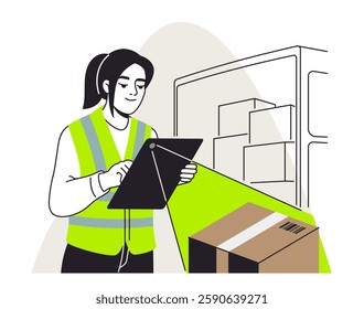 Warehouse worker scanning a package with tablet, flat style, on white background. Concept of logistics and inventory management. Vector illustration