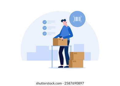 A warehouse worker scans a barcode on a package as part of an inventory management process. The image represents modern logistics, supply chain management, and warehouse automation.



