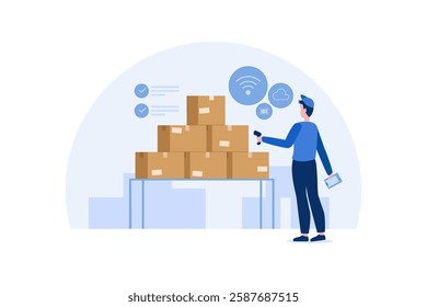 Warehouse worker scans barcodes on stacked packages using a digital inventory system. The scene represents modern warehouse management with cloud computing, barcode scanning, and wireless technology.