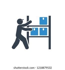 warehouse worker and shelf storage icon on white background