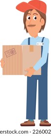 Trabajador de almacén con caja de envío. Parcela de retención de caricatura