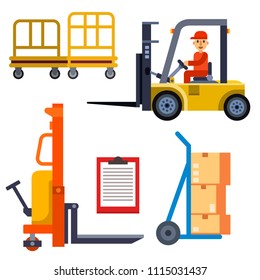 Warehouse worker shipping and delivery flat elements storage business industry vector illustration.