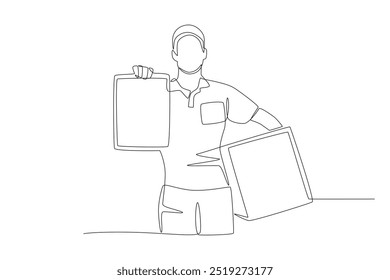 Warehouse worker shows list of goods. Warehousing concept one-line drawing