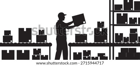 Warehouse Worker Silhouette Handling Boxes on Conveyor Belt