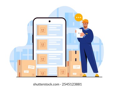 Warehouse worker with smartphone. Man stands near cardboard boxes. Logistics and transportation, shipping. Loader with parcels. Flat vector illustration isolated on white background